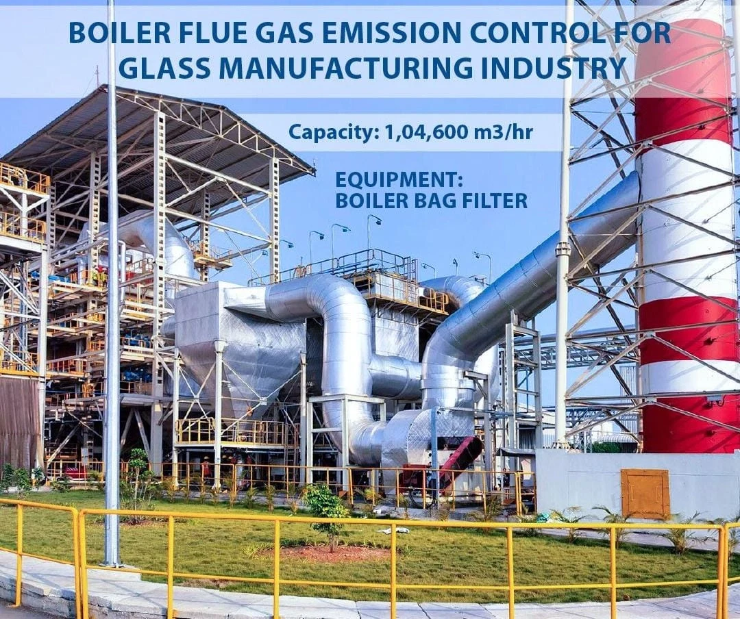 High-capacity Boiler Bag Filter system installed for flue gas emission control in a glass manufacturing plant.