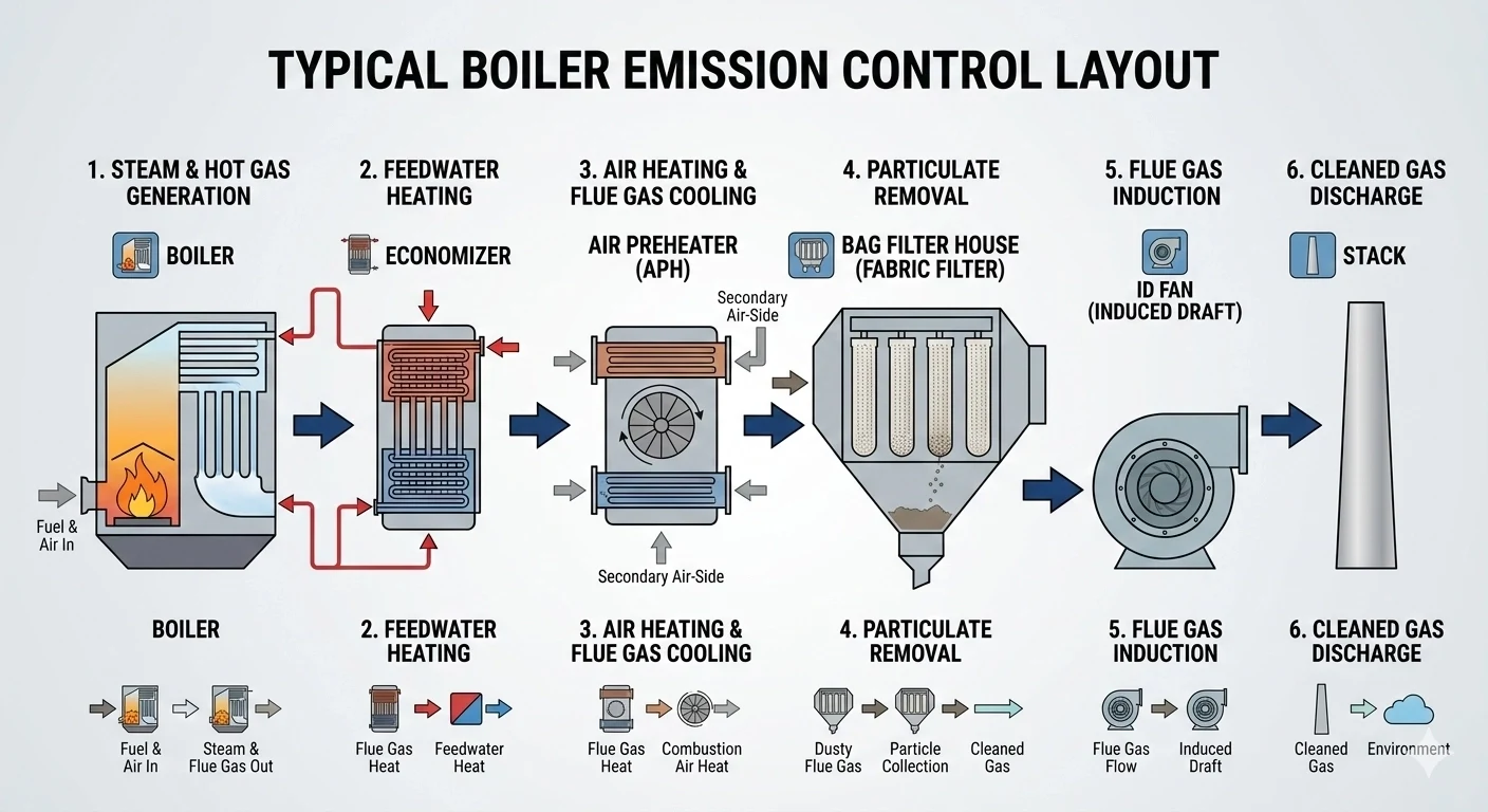 Typical boiler emission control layout showing flue gas flow through the bag filter system.